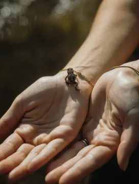 Tiny young toad sitting on gently opened palm in sunlight – golden bracelet, alpine nature discovery during eriro summer retreat